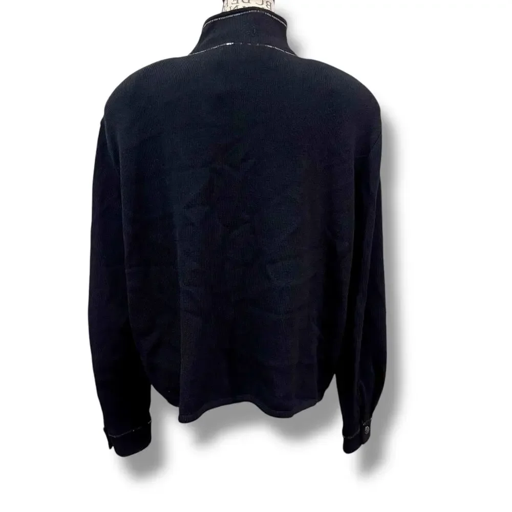 Vintage St John Sport Size L XL Black Knit Crystal Embellished Bomber Jacket